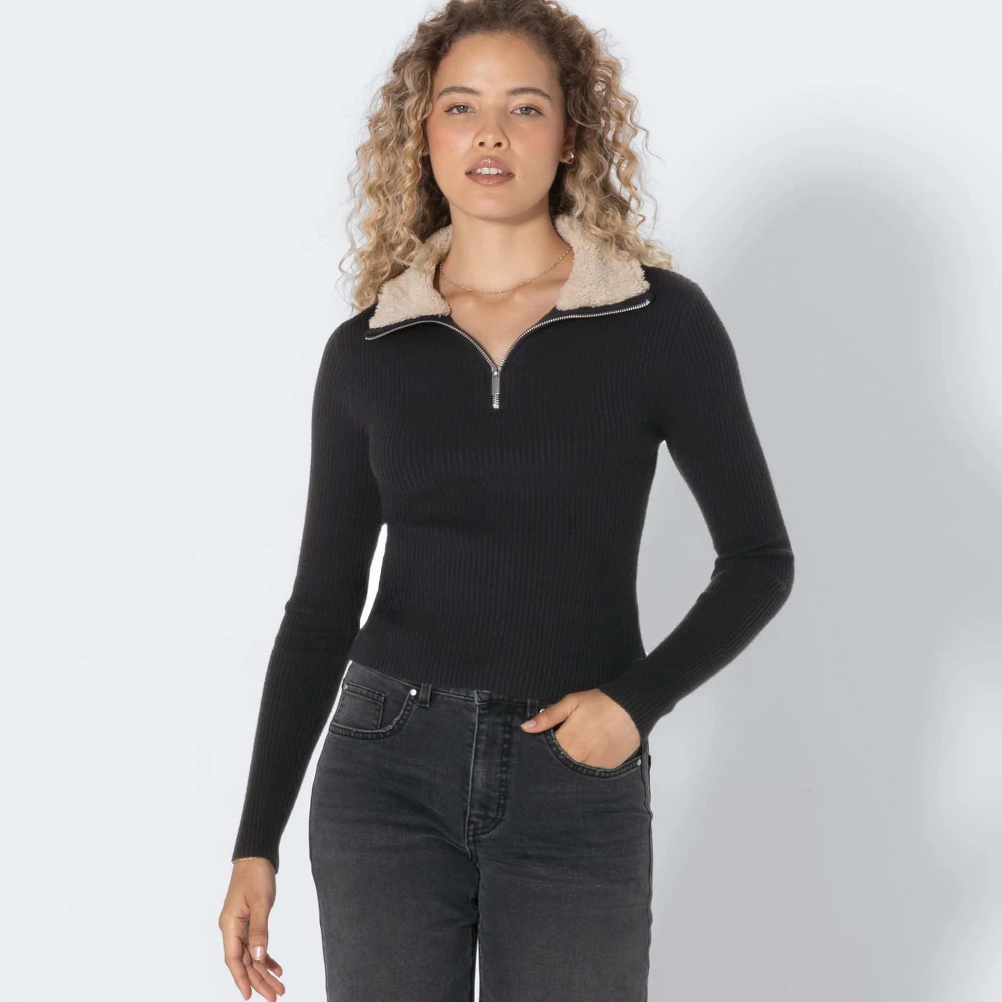 Damen NKD Damen-Pullover mit Kunstfell-Kragen